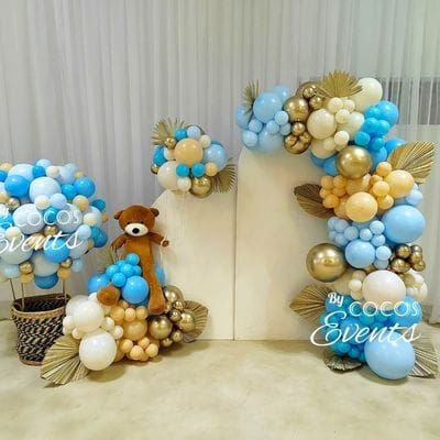 Decor Baloane cu Ursulet - Baloane Baietel in culori albastru, crem si auriu - tematica boho