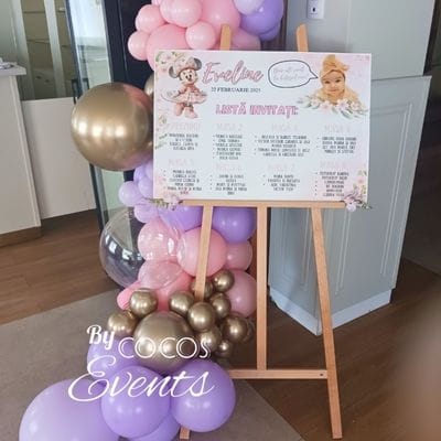 Sevalet cu Baloane Roz, Mov și Auriu pentru Botez. Lista Invitati Botez cu Tematica Minnie Mouse